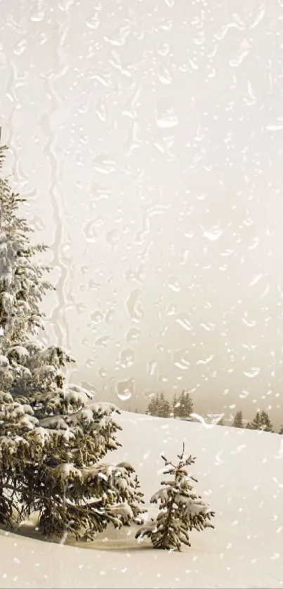 Snow-covered trees in a serene winter landscape under a misty sky.