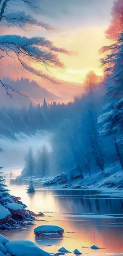Stunning winter forest scene with a frosty river and snow-covered trees at sunrise.