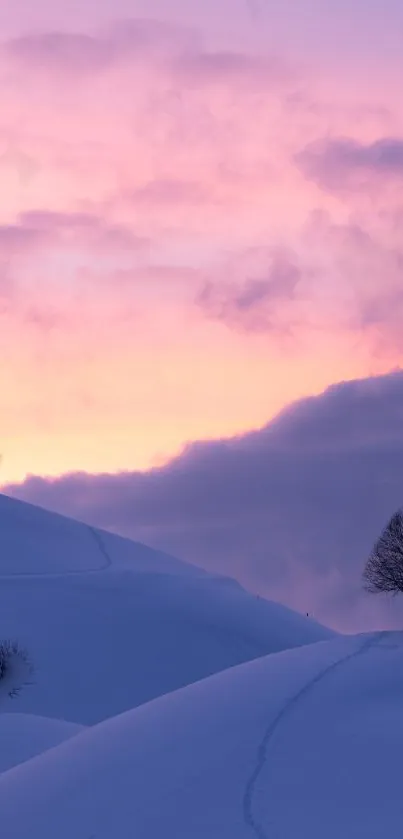 Serene winter landscape with lavender sky and snowy hills.