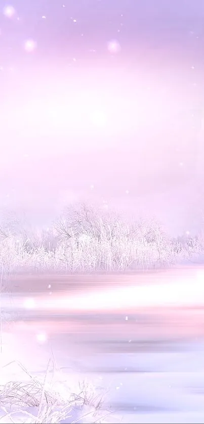 Serene winter landscape with frosty trees and soft pink sky.