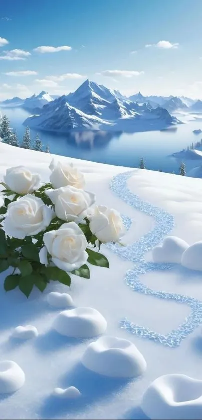 White roses on a snowy mountain with a serene winter backdrop.