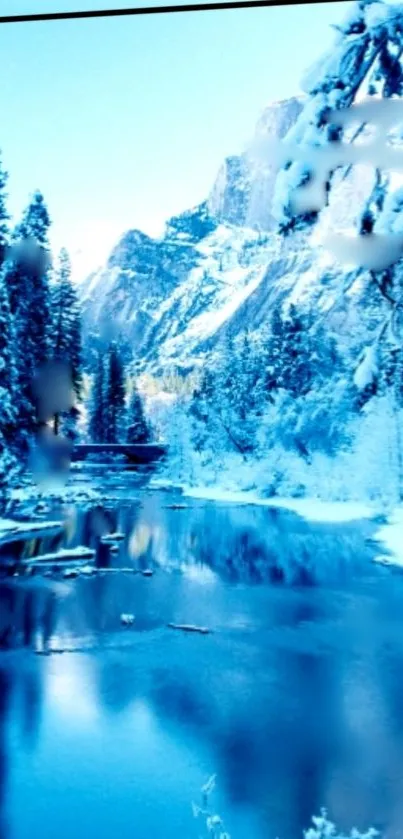 Snowy winter landscape with trees and a serene river.