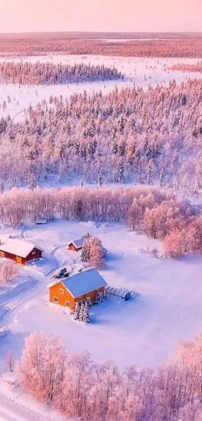 Snowy landscape with pink sky and cabins, serene winter wallpaper.