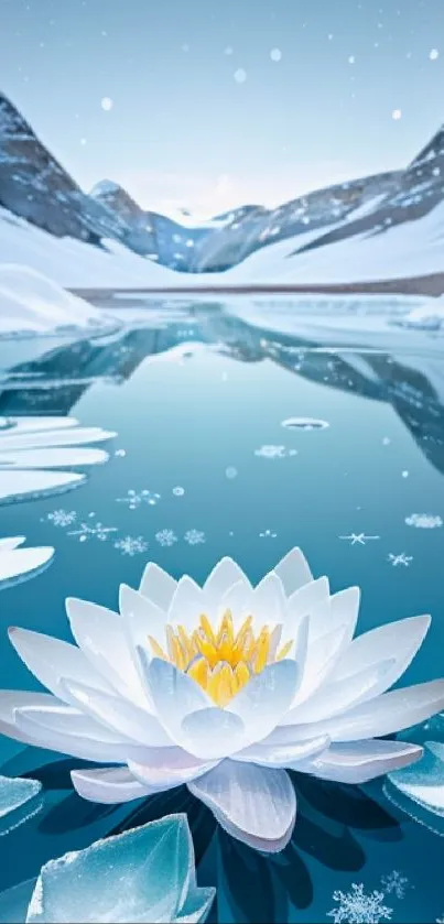 Tranquil lotus on an icy lake reflecting snow-capped mountains.