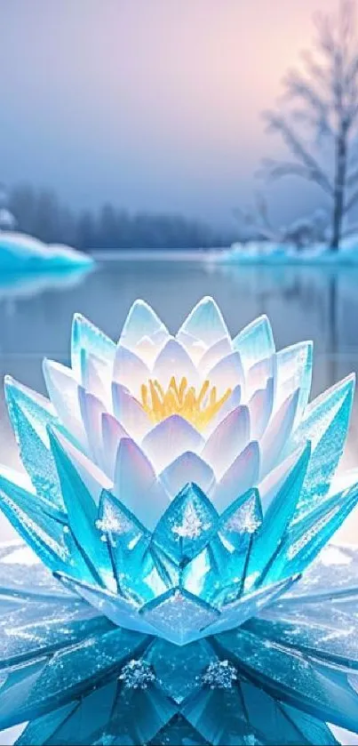 Serene lotus flower on frozen lake with winter backdrop.