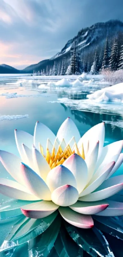 Serene winter landscape with lotus on icy lake.