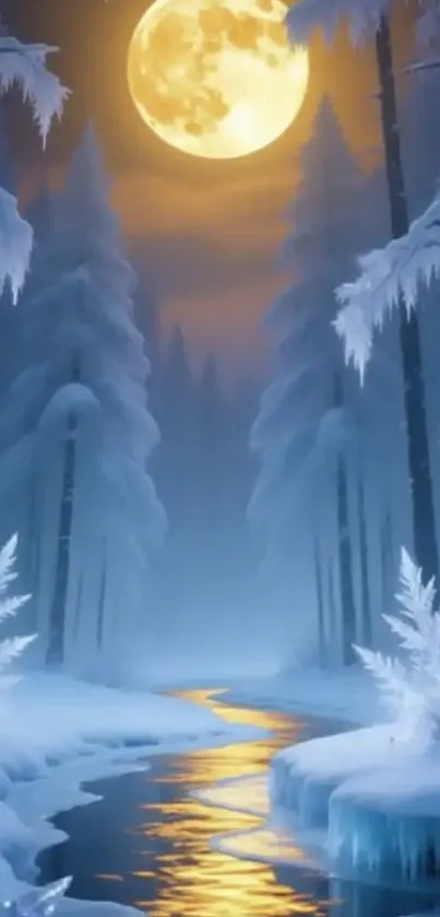 Moonlit winter forest with glowing stream.