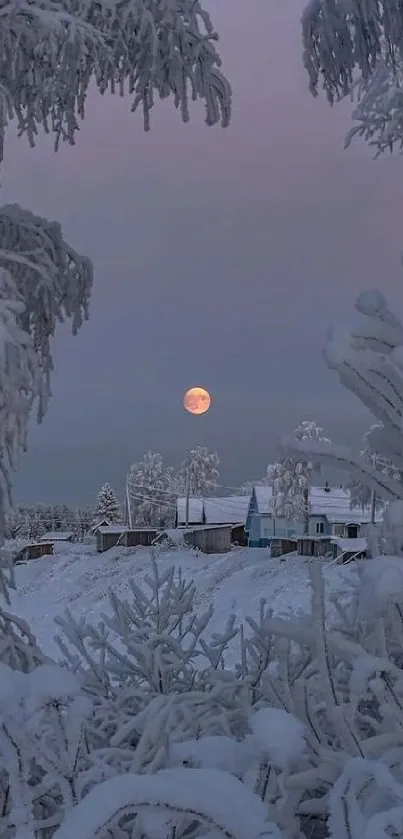 Moonlit winter landscape with snowy trees and cabins.