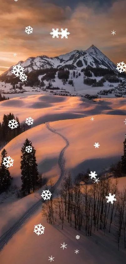 Snowy mountain landscape with sunset glow.