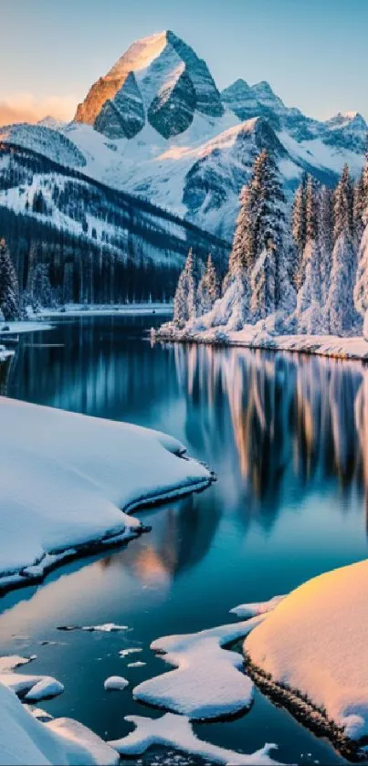 Snowy mountain landscape with tranquil river reflection.