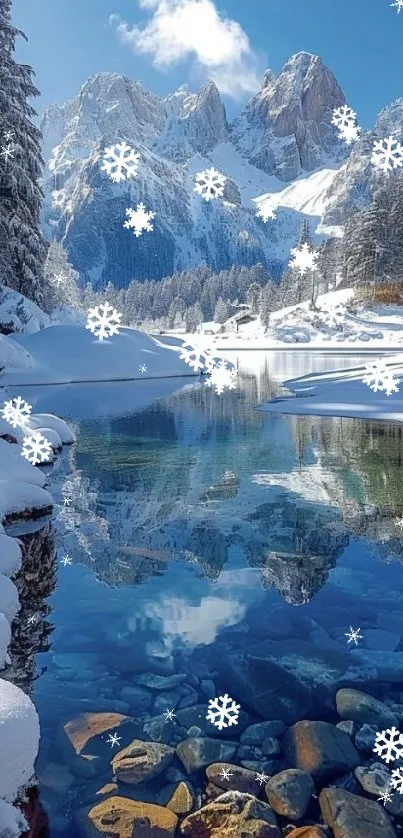 Snowy mountain landscape with serene lake reflection.