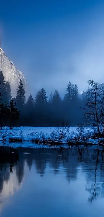 Serene winter mountain reflection wallpaper with blue hues.