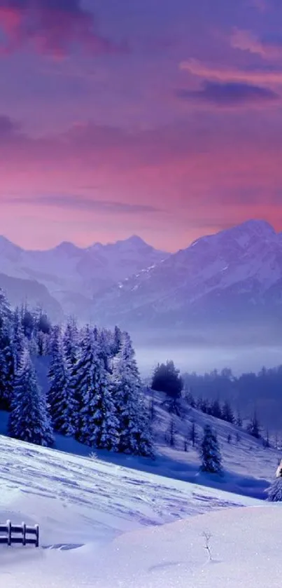 Snow-covered mountains under a purple sky.