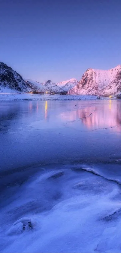 Serene winter mountain scene with snow and icy reflections.