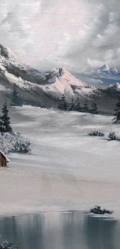 Scenic winter mountain landscape with snow and a tranquil lake.