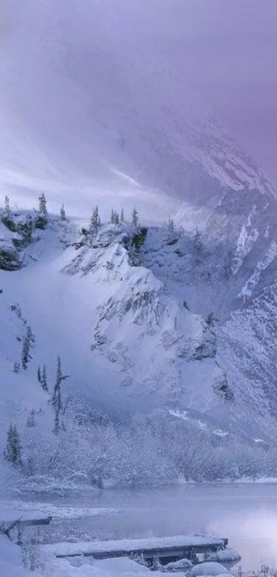 Serene winter mountain with lavender sky.