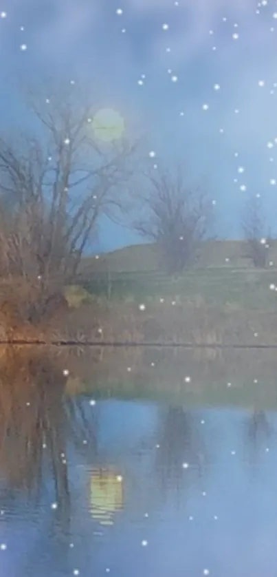 Serene winter lake with snowfall reflecting the moon.