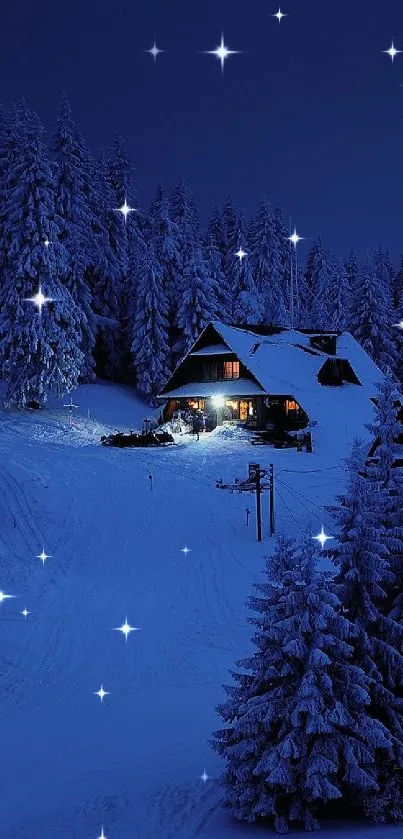 Cabin illuminated at night in a snow-covered forest under a deep blue sky.