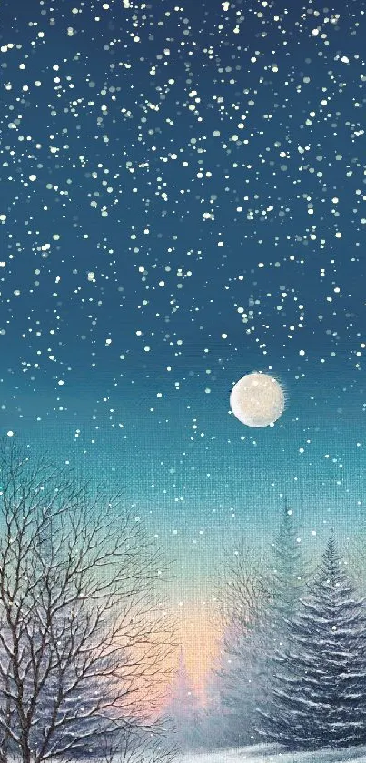 Serene winter night wallpaper with full moon, snow, and trees.