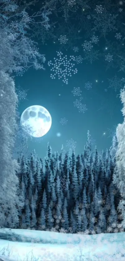 Serene winter night with moonlit snowflakes over a forest landscape.