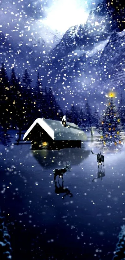 Cabin, deer, and Christmas tree in a snowy winter night scene.