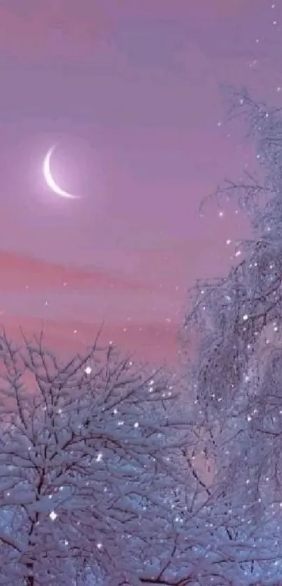 Serene winter night scene with crescent moon and snowy branches.