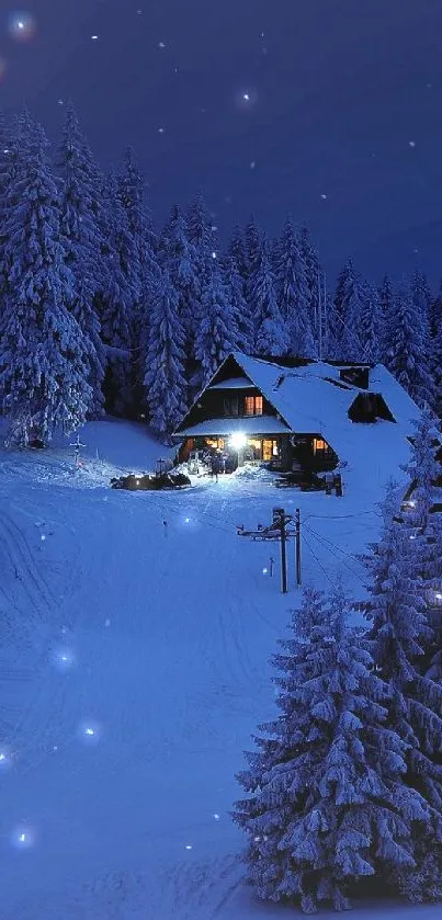 Snowy cabin in a serene winter night landscape.