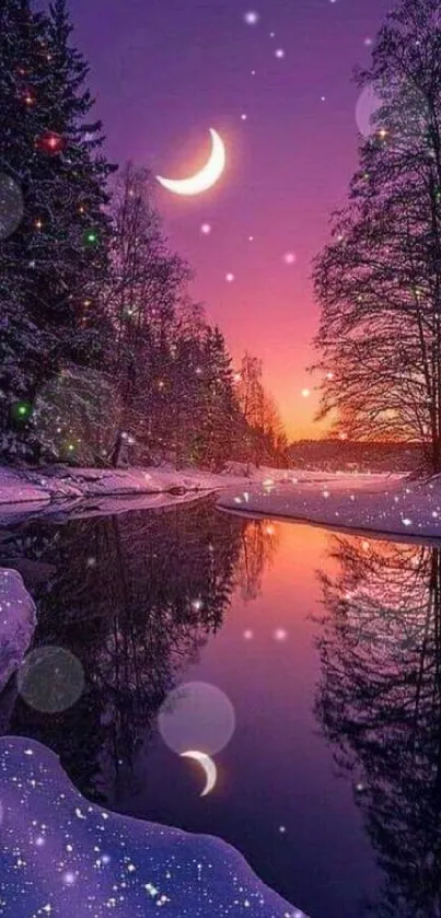 Purple winter night landscape with moon and river reflection.