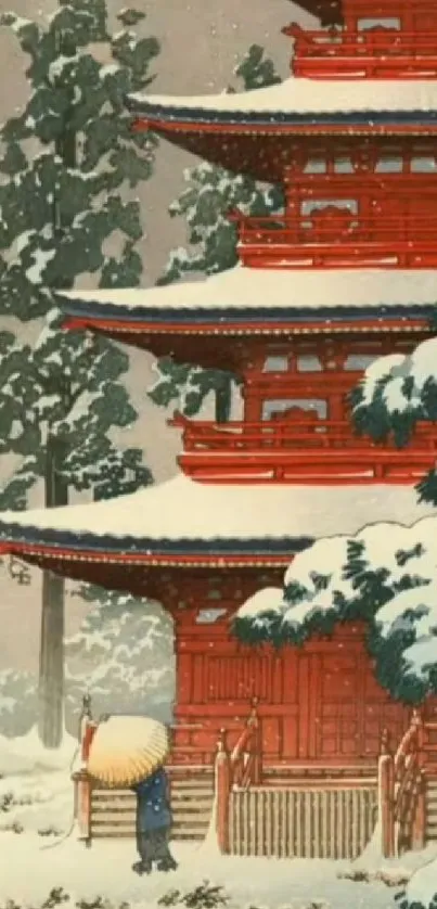 Snow-covered Japanese pagoda with red details in tranquil winter setting.