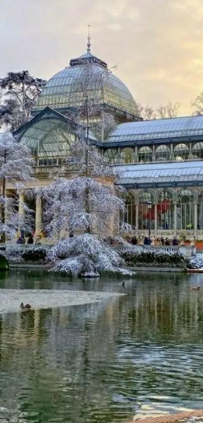 Beautiful glass palace reflecting in a winter pond scene.