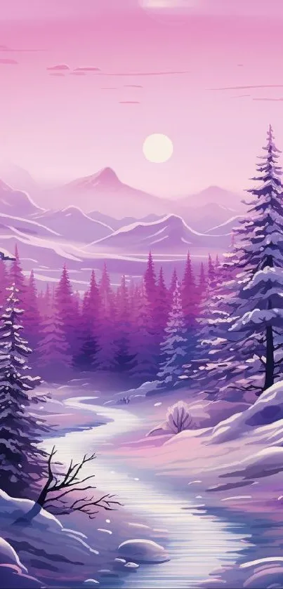 Winter landscape with pink sky and snow-covered trees.