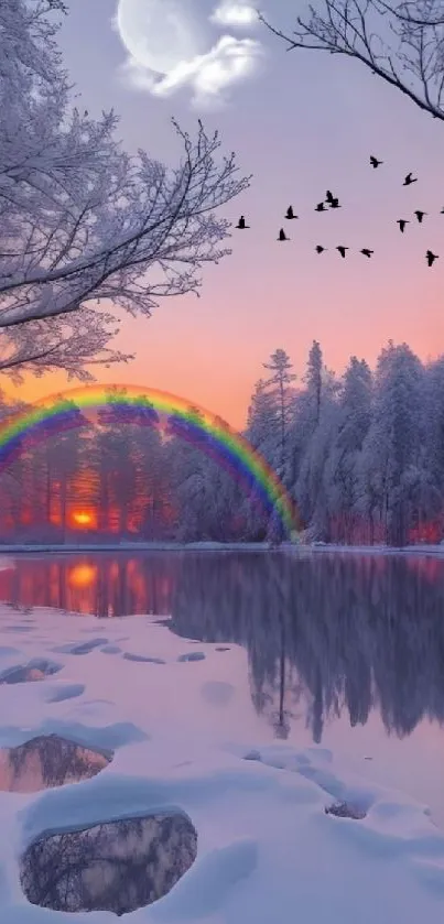Winter forest with rainbow over lake and snowy landscape.
