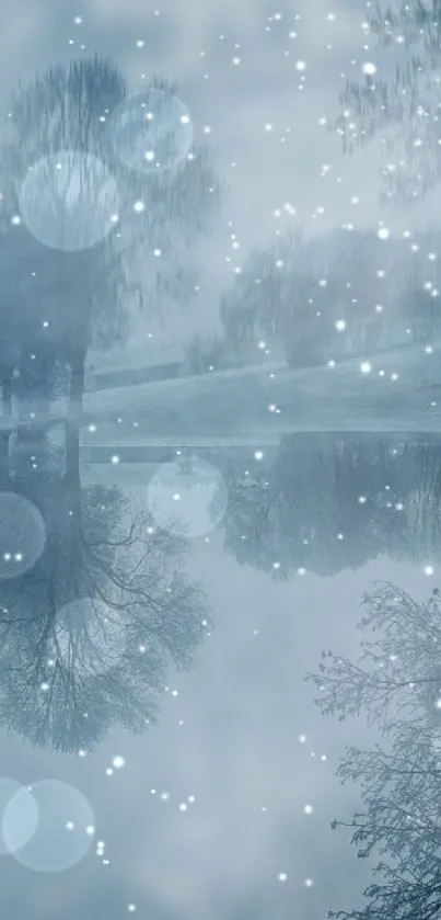 Serene winter landscape with reflected trees in a calming light blue hue.