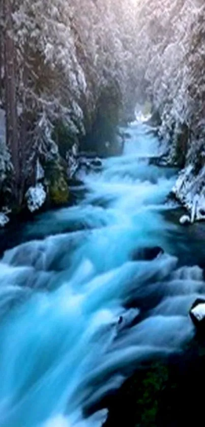 Serene river flowing through snowy forest in winter scene.