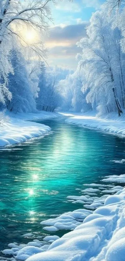 Scenic winter river flowing through snow-laden forest.