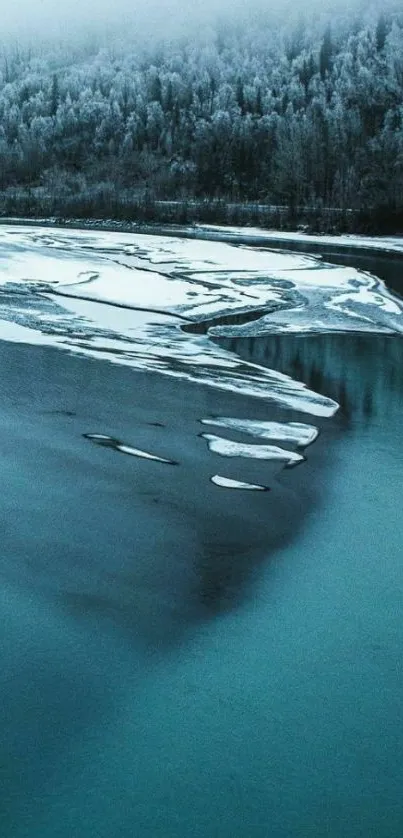 Serene winter river with frosted trees and ice.