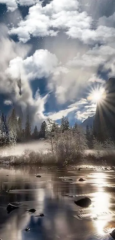 Beautiful winter river scene with glowing sun and snowy landscape.