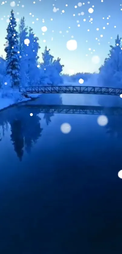 Snowy forest river with bridge and falling snowflakes.