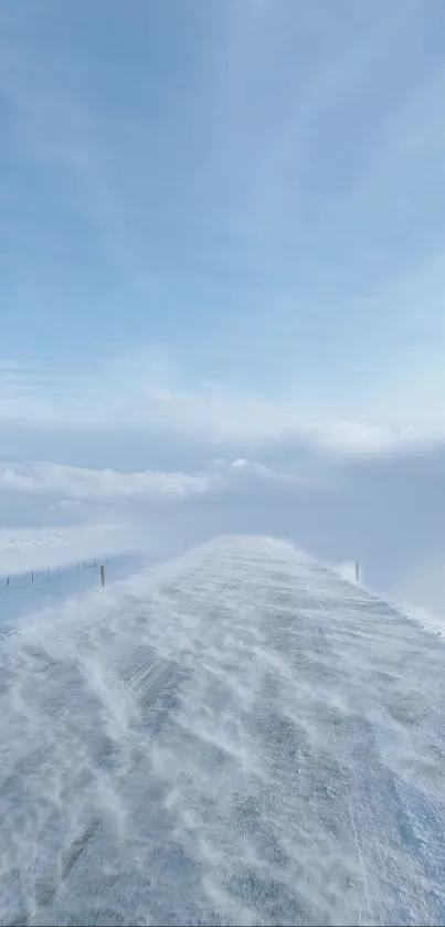 Serene winter road under a light blue sky.