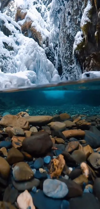 A serene winter canyon with icy cliffs and a clear blue river.