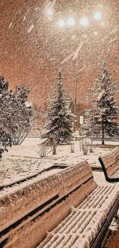 Snow-covered park benches under glowing street lights at night.