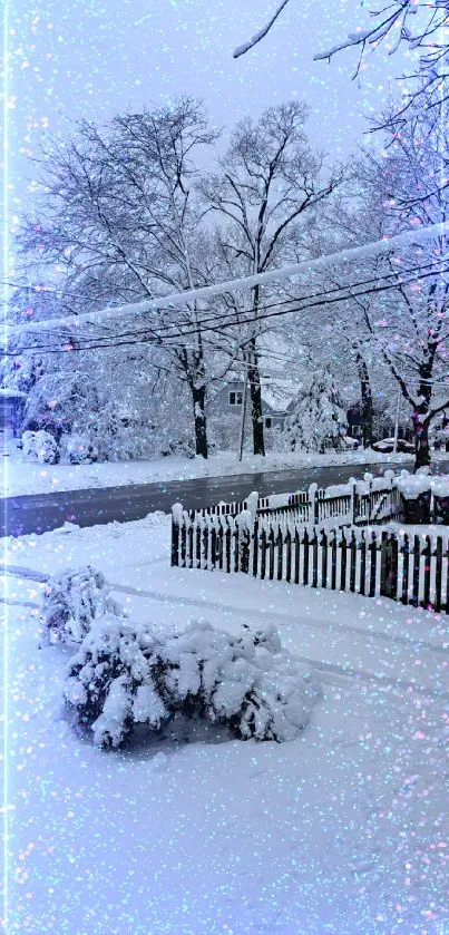 Snow-covered street with trees and houses in winter.