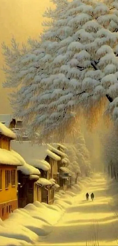 Serene winter street with snow-laden trees at dusk, ideal for mobile wallpaper.