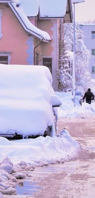 A serene winter street covered in snow, perfect for a mobile wallpaper background.