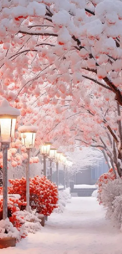 Snow-covered street with glowing lamps and red foliage in winter.