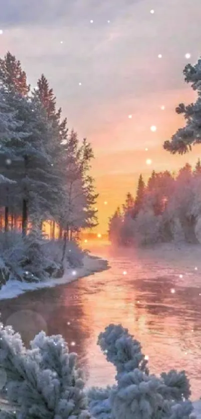 Snowy river landscape with vibrant sunrise and frosty trees.