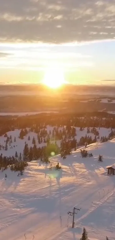 Breathtaking winter sunrise with snow-covered landscape and vibrant sky.