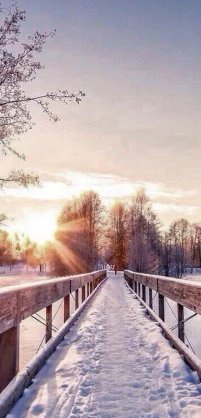 A beautiful snowy bridge at sunset with a winter landscape.