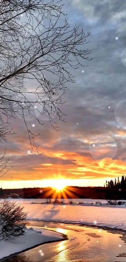 Snowy landscape with a sunset over a river and trees, creating a serene winter scene.