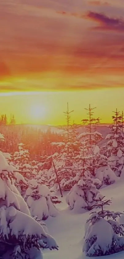 Snow-covered forest at sunset with purple sky.